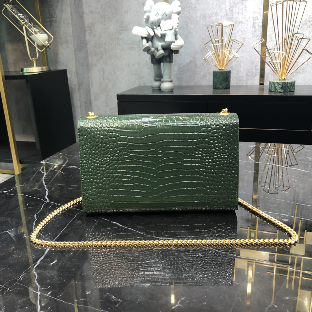 Saint Laurent Kate Tassel Medium Crocodile Embossed Calfskin Shoulder Bag Army Green 354119 Gold